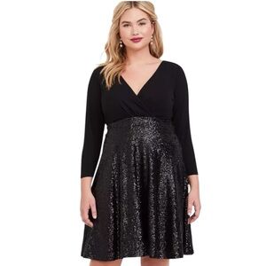 Torrid Black Deep V Sequin Mixed Knit Long Sleeve Skater Dress NEW Size 22